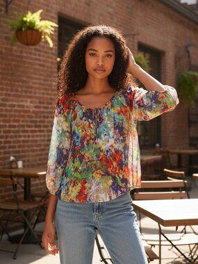 Kay Celine Watercolor Print Peasant Blouse